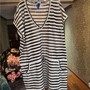 Calvin Klein Black and White Striped Mesh Top